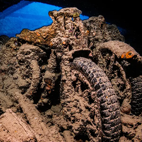 Historic motorcycles inside the SS Thistlegorm wreck in the Red Sea
